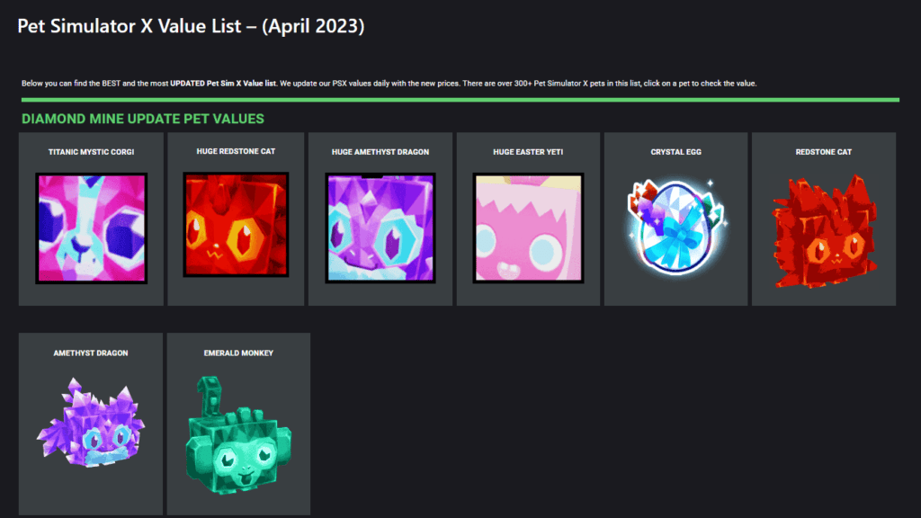 pet simulator x value list