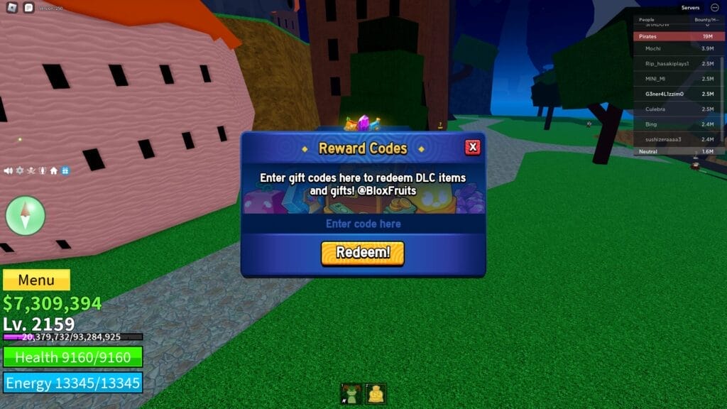 How to Redeem Blox Fruits Codes - reward codes window